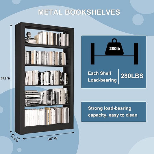 Metal Bookshelf, 5 Tier Black Bookcase with Adjustable Storage Shelves, 69" Tall Book Shelf for Home Office, Bedroom, Library, Living Room, Easy to Assemble