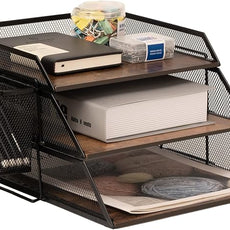 Vintage Wood & Metal Letter Tray， Stackable Desk Organizers Paper Tray， for File Magazines Mail Organizer, Vintage Wood Desk File Organizer with Pen Holder(3 Layer)