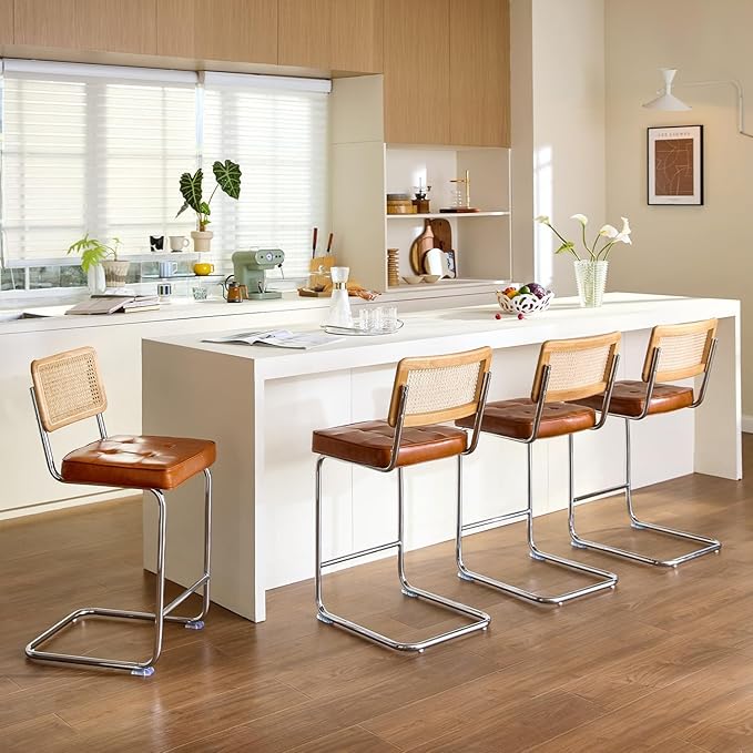 Natural Rattan Bar Stools Set of 3 with Solid Wood Back, 29 Inch Mid Century Modern Counter Height Stools, Brown Faux Leather Upholstery Boho Stool for Kitchen Counter with Chrome Metal Legs
