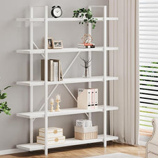 HSH 5 Tier Tall White Bookshelf, Metal and Wood Storage Book Shelves for Bedroom Living Room Office, Modern Large White Bookcases and Bookshelves 5 Shelf, Farmhouse Open Vertical Display Book Shelf