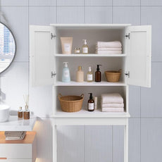Over The Toilet Storage Cabinet, Behind Toilet Bathroom Organizer with Adjustable Shelves, Above Toilet Organizers with Barn Door, Space Saver for Restroom, Bathroom, Laundry