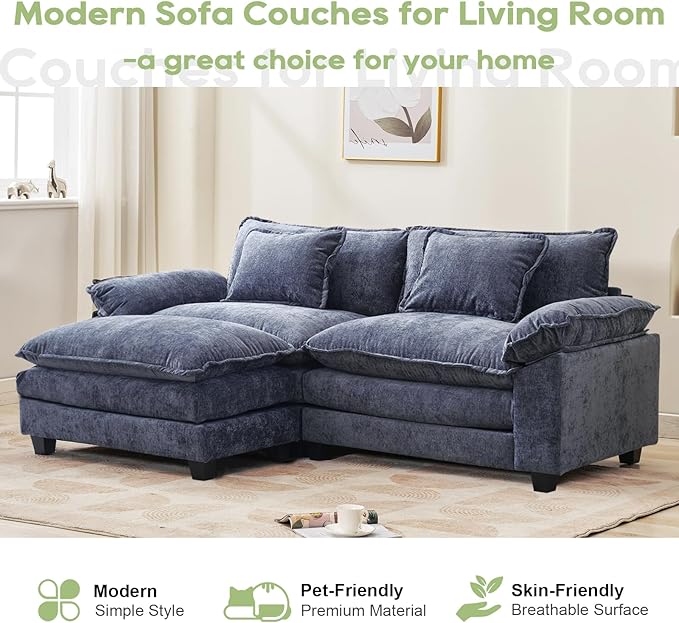 86" Modular Sectional Sofa, Comfy Cloud Couch Sectional Sofa with Ottoman, Chenille Sofa Sleeper Deep Seat Sofa with Throw Pillows for Living Room (Blue, 86"- L Shape)