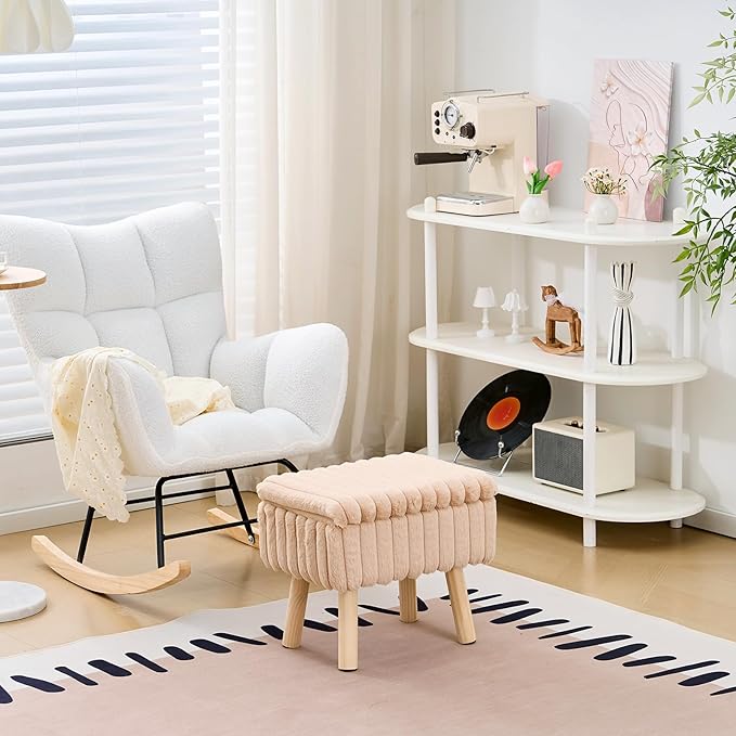 Wimarsbon Storage Ottoman,Soft Faux Fur Footstool with Padded Seat, Small Reading Vanity Chair, Footrest with Wood Tray for Couch, Mini Coffee Table or Display Stand (Beige, Rectangular Storage)