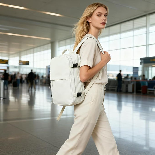 suwasp Vacuum Compression Backpack, 45L Expandable Travel Backpack with Electric Vacpack Pump, Travel Vacuum Bags with Shoe Compartment/17inch Laptop Compartment/USB Port, White