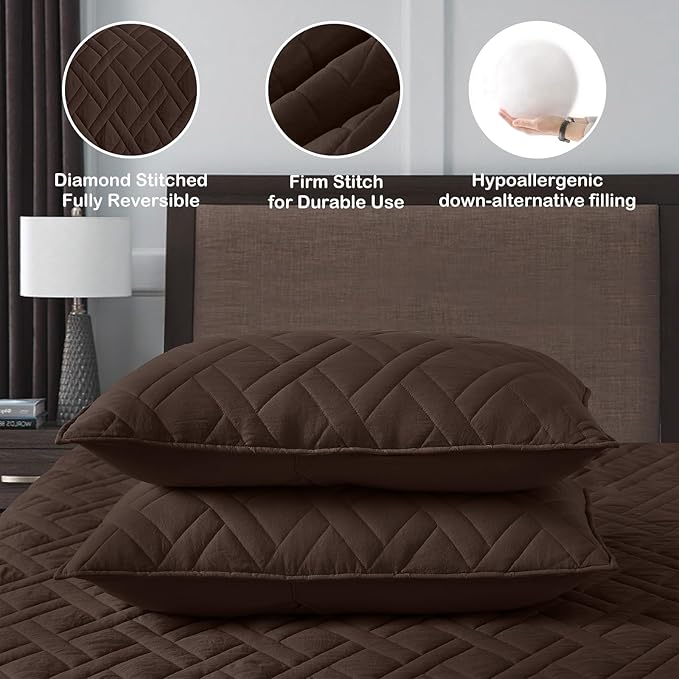 HORIMOTE HOME Quilt Set Twin Size Chocolate, Classic Geometric Diamond Stitched Pattern, Ultra Soft Microfiber Lightweight Bedding Set Bedspread Coverlet for All Season with 1 Quilt 1 Pillow Sham
