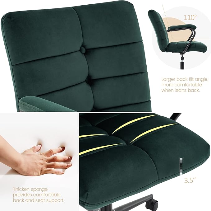 Velvet Home Office Desk Chair, Upholstered Adjustable Swivel Task Chair with Wheels, Tufted Mid-Back Computer Chair with Arms, for Study Living Room Vanity (Dark Green, Black Base)