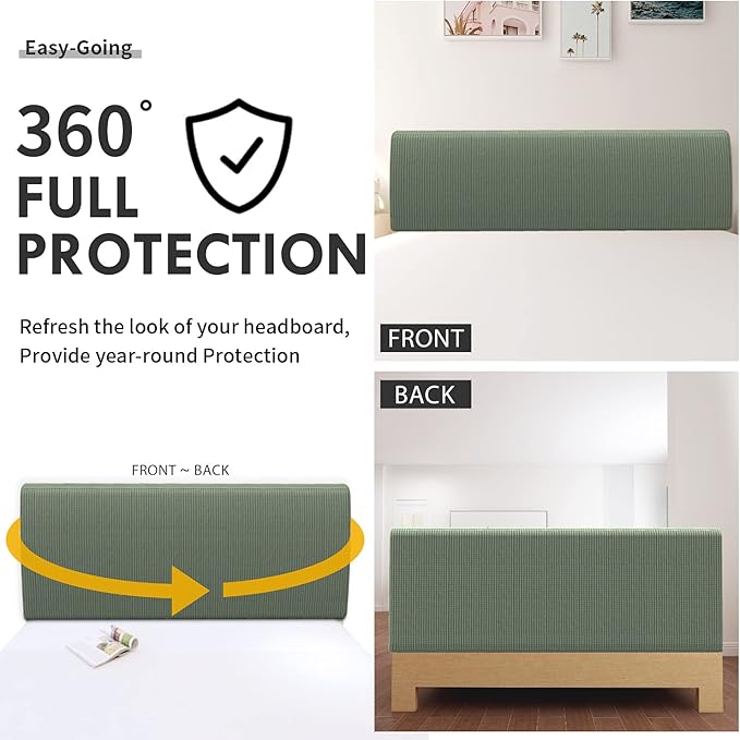 Easy-Going Stretch Bed Headboard Cover,Small Square Jacquard Headboard Slipcover, Dustproof Bed Head Cover for Bedroom (Queen,Greyish Green)