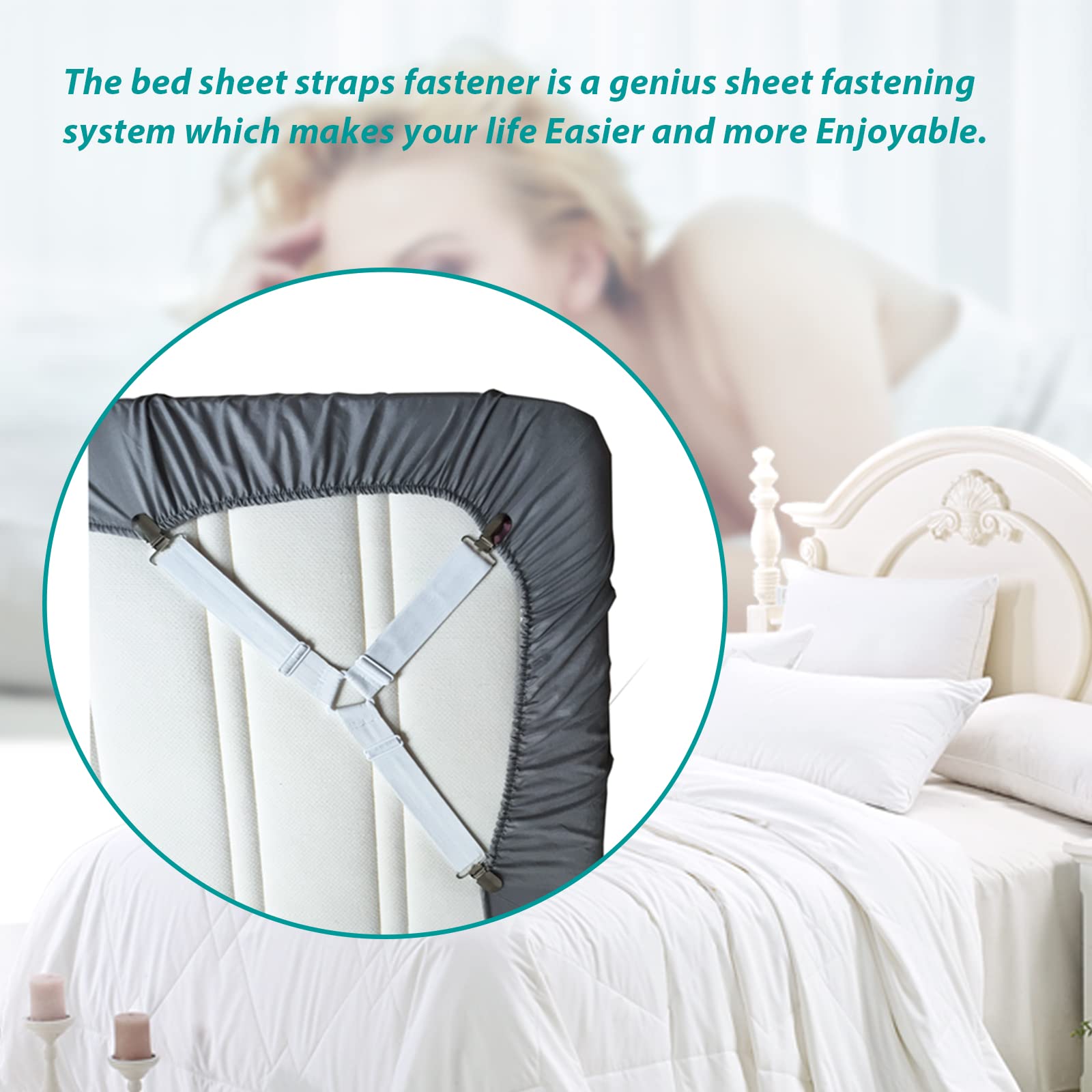Bed Sheet Fasteners, Adjustable Mattress Suspenders, Mattress Cover Straps, Bed Corner Holder and Keepers and the Bed Sheet Grippers Clips (Triangle White Set of 4) Dormly