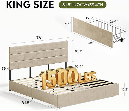 WLIVE King Size Upholstered Bed Frame with 4 Storage Drawers and Headboard, Velvet Platform Bedframe, Sturdy Metal & Wooden Slats Support, No Box Spring Needed, Easy Assembly, Beige