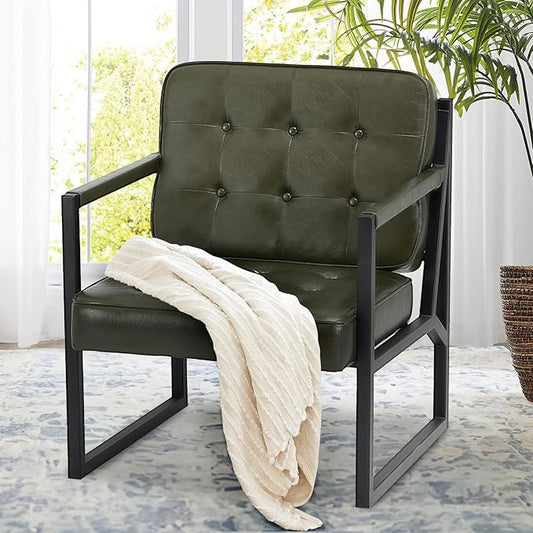COLAMY Modern Accent Chair, Accent Arm Chair for Living Room, Comfy Leather Armchair with Metal Legs for Bedroom Reception Waiting Room, Green