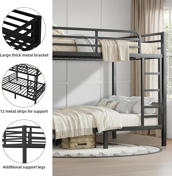 Full Over Full Bunk Bed, Metal Bunk Bed Frame Heavy Duty Bunk Beds Loft Bed Frame with Ladder and Guardrail Metal Slats No Box Spring Required for Adults Teens, Black