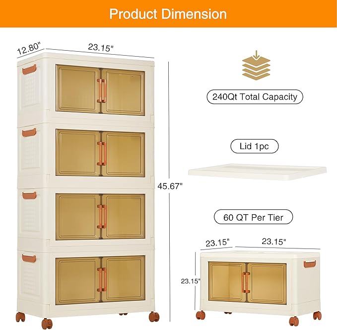 VECELO 240 QT Stackable Storage Bins with Wheels, Magnetic Dual Opening Doors & Transparent Panels, Plastic Foldable Storage Containers for Living Room, Bedroom, Kitchen, Office