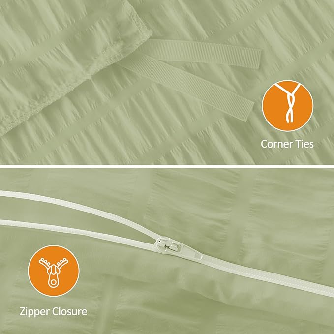 Cozyide Green Duvet Cover Queen Size, 3 Pieces Bedding Duvet Covers, Soft Breathable Seersucker Duvet Cover Set with Zipper Closure and Corner Ties (1 Duvet Cover 90"x90" + 2 Pillow Shams 20"x26")