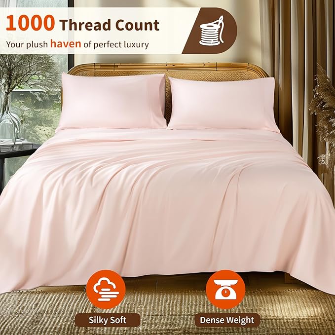 LBRO2M 1000 Thread Count 100% Egyptian Cotton Sheets Set Full Size, 4 Piece Sets Deep Pocket Sheet Set 16" Soft Comfortable All Season (Full, Pink)
