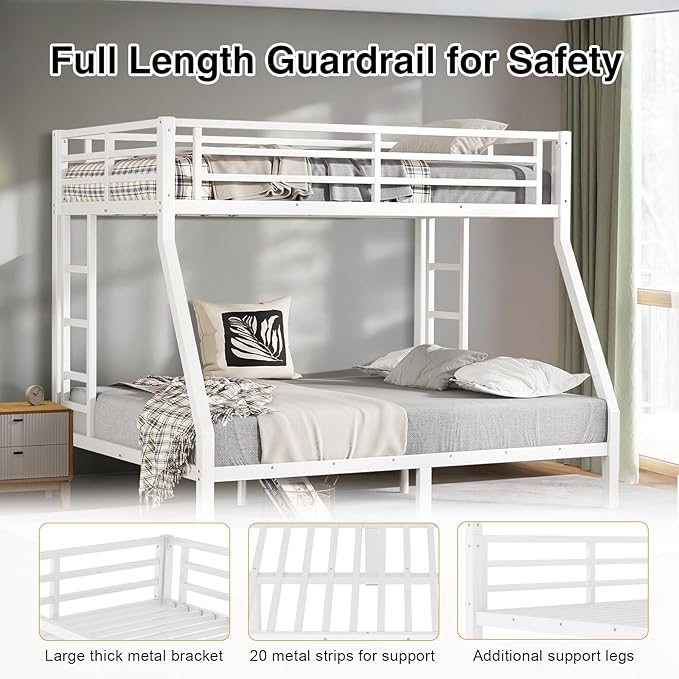 Twin Over Full Bunk Bed, Metal Bunk Bed Frame Heavy Duty Bunk Beds Loft Bed Frame with Ladder and Guardrail Metal Slats No Box Spring Required for Adults Teens, White