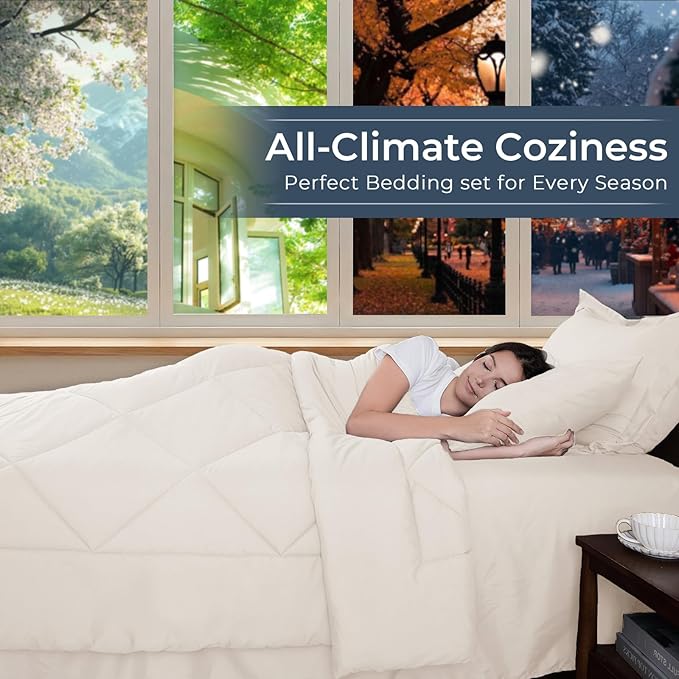 HEVUMYI Ivory Twin-XL Comforter Set - 5-Piece All Season Bed in a Bag Twin-XL, Ultra Soft Bedding Set with Comforter, Flat Sheet, Fitted Sheet, Pillowcases, Pillow Shams