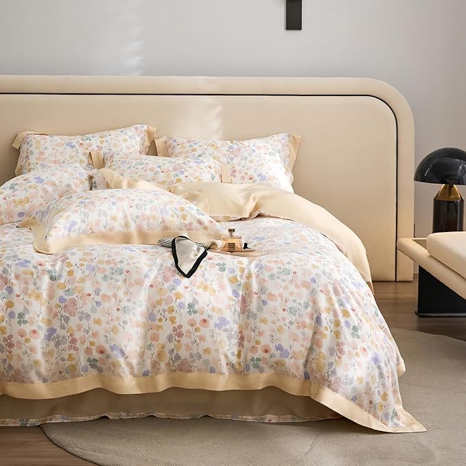 mixinni Shabby Chic Breathable Lyocell Duvet Cover Set Soft Aesthetic Colorful Painting Flowers Cooling Bedding for Hot Sleepers with 2 Pillow Shams, Zipper Closure and 4 Ties, Twin XL Size