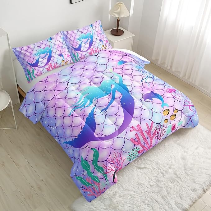 CVHOUSE Mermaid Comforter Set - King Size, 3 Pcs (1 Comforter, 2 Pillowcases) with Mermaid Scale Bedding, Bedspread, Duvet and Quilt