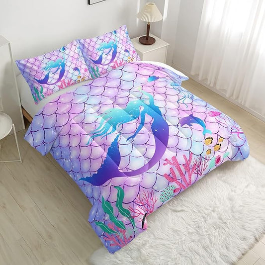 CVHOUSE Mermaid Comforter Set - King Size, 3 Pcs (1 Comforter, 2 Pillowcases) with Mermaid Scale Bedding, Bedspread, Duvet and Quilt