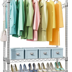 Heavy Duty Rolling Garment Rack 3 Tiers Adjustable Wire Shelving Clothes Rack with Rods and Side Hooks,Storage Closet Clothing Rack with Wheels Chrome 17.7