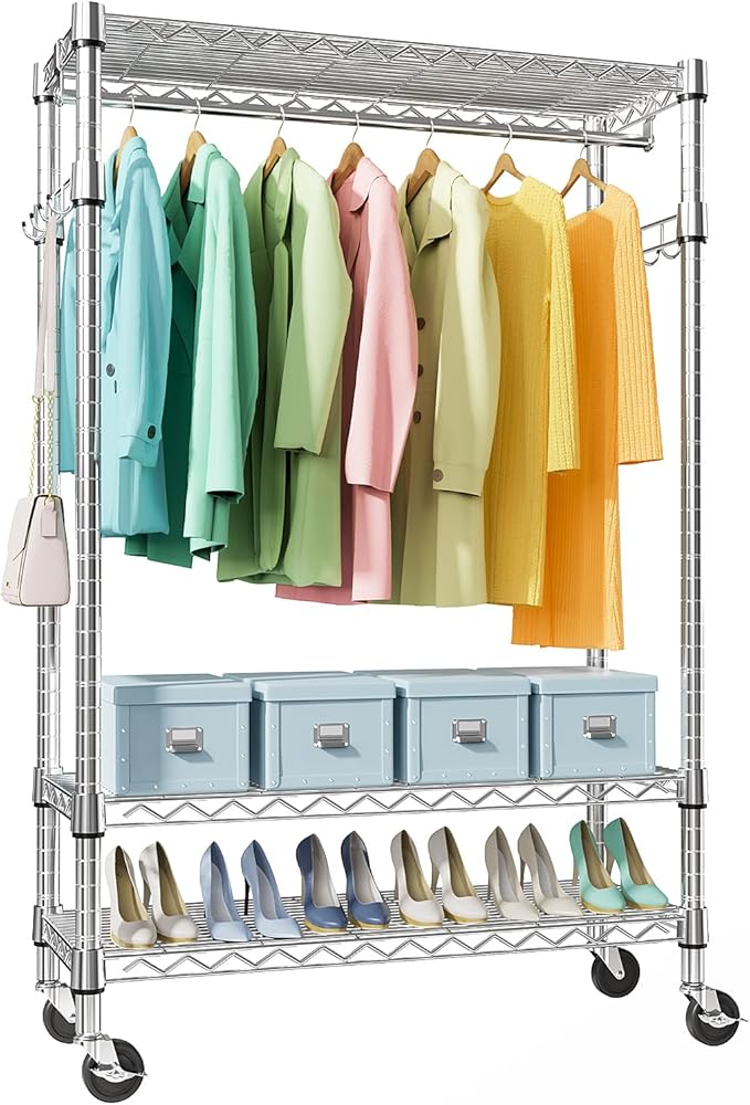 Heavy Duty Rolling Garment Rack 3 Tiers Adjustable Wire Shelving Clothes Rack with Rods and Side Hooks,Storage Closet Clothing Rack with Wheels Chrome 17.7" D x 47.2" W x 83.6" H