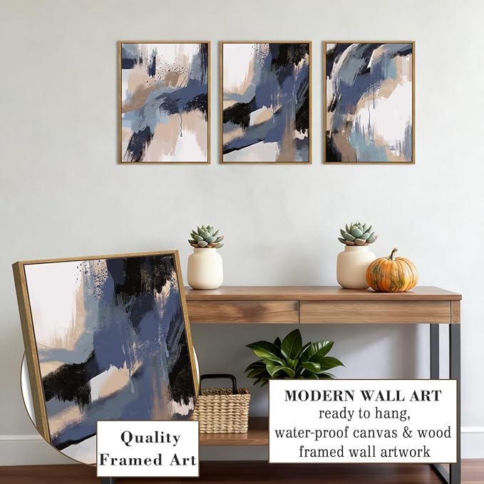 BINCUE Blue Neutral Wall Art Modern Abstract Artwork for Living Room Bedroom Office 12" Lx16 W Set of 3