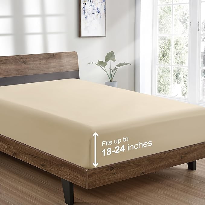 FreshCulture King Fitted Sheet Only - Hotel Quality Ultra Soft & Breathable Brushed Microfiber Fitted Sheet with 21 Inch Deep Pockets - Fits King Size Bed (Beige)