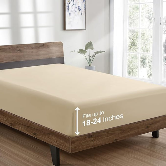 FreshCulture King Fitted Sheet Only - Hotel Quality Ultra Soft & Breathable Brushed Microfiber Fitted Sheet with 21 Inch Deep Pockets - Fits King Size Bed (Beige)