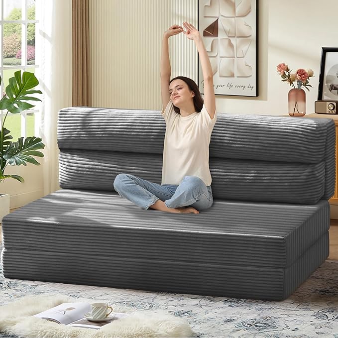 Folding Sofa Bed, Convertible Sleeper Chair with Pilow Foldable Matress, 2 in 1 Pull Out Loveseat Sofa Portable Fold Out Chair Bed Floor Couch Lounge for Living Room Bedroom (Grey, Queen)