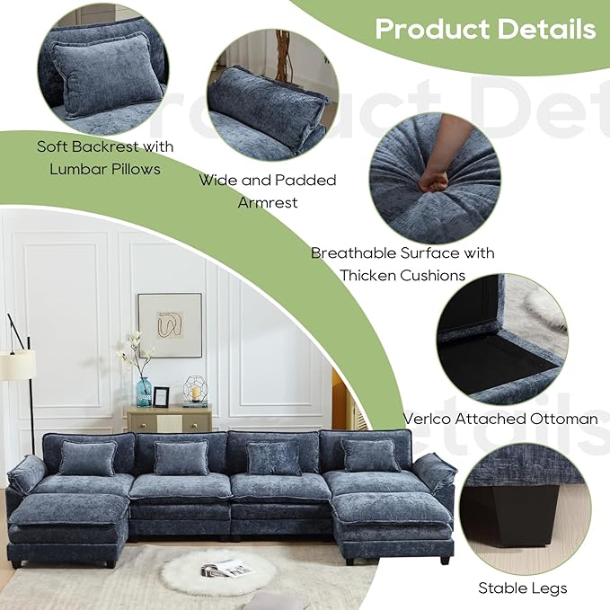 154" Modular Sectional Sofa, Comfy Cloud Couch Sectional Sofa with Ottoman, Chenille Sofa Sleeper Deep Seat Sofa with Throw Pillows for Living Room (Blue, 154"- U Shape)