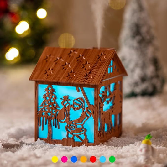 Colorful Cool Mini Humidifier, Cabin styling with Christmas theme，USB Personal Desktop Humidifier 2 Mist Modes, 7 colors,Super Quiet Perfect for Baby Bedroom, Office (Lightwood)