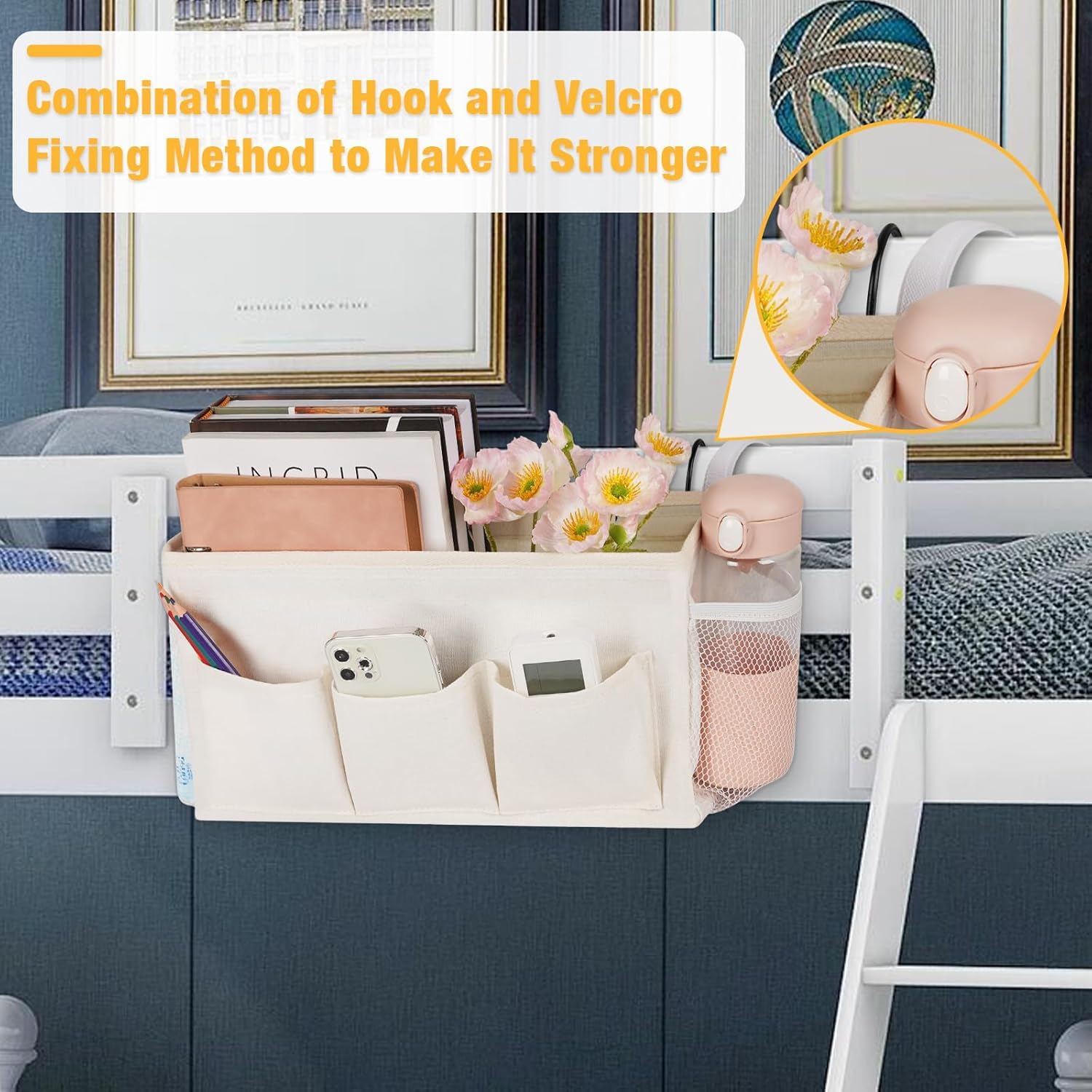 Loghot Bedside Caddy/Bedside Storage Bag Hanging Organizer for Bunk and Hospital Beds,Dorm Rooms Bed Rails,Can be Placed Glasses,Books,Mobile Phones,Keys (Light Pink) Dormly