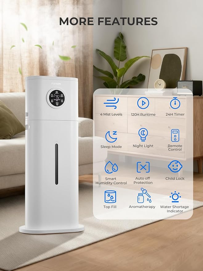 Humidifier for Large Room Home, 12L/3.17Gal Top Fill Cool Mist Ultrasonic Floor Quiet Humidifiers for Baby and Plants with Customized Humidity, Timer, Sleep Mode, Auto Shut Off, Quiet, White