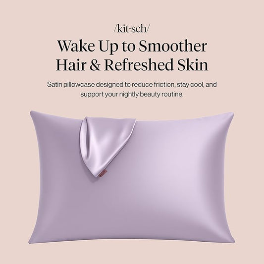 Kitsch Satin Pillowcase with Zipper for Hair & Skin, Softer Than Silk Pillow Cases Queen, Wrinkle-Free, Smooth and Cooling Satin Pillow Covers, Standard Size 19"x26" - Lavender