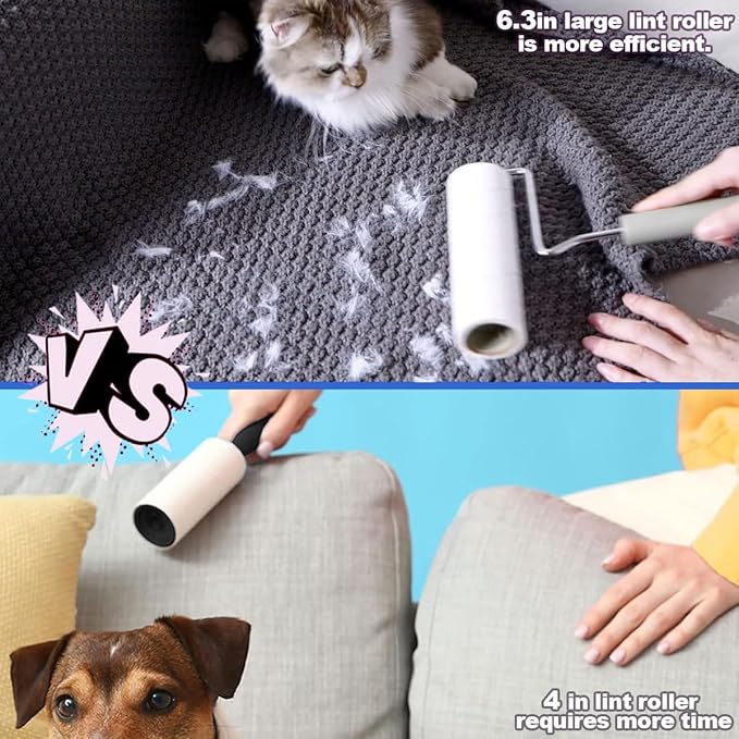 Extra Sticky Large Surface Lint Roller, 6.3'' Giant Lint Roller for Pet Hair, 450 Sheets/ 5 Refills, Long Handle Lint Remover for Clothes, Furniture, Dog & Cat Hair Remover