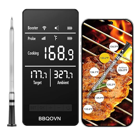 WiFi Sub-1G Wireless Meat Thermometer Unlimited Range, Check Temp Anywhere,7 NIST Certified Sensors with Ambient Temp Smart Digital Base,Monitor for BBQ, Grill,Oven, Smoker (1, Grey, Small)