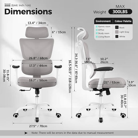 Ergonomic Office Chair High Back Desk Chair with Lumbar Support, Breathable Mesh Computer Chair with Adjustable Armrests Height, Reclining Swivel Big and Tall Gaming Chair for Home Office(Gray)