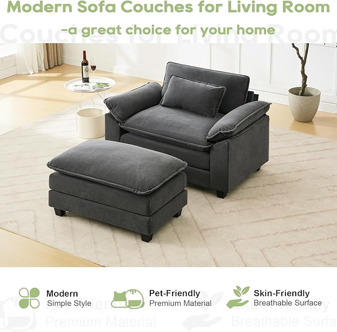 53" Modular Sectional Sofa, Comfy Cloud Couch Sectional Sofa with Ottoman, Velvet Sofa Sleeper Deep Seat Sofa with Throw Pillows for Living Room (Blue Gray)