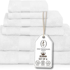 Premium Staple Cotton Bathroom Towel Set - White 600 GSM 6-Piece Luxury Bath Towel Set 1 Stripe - 2 Bath Towels, 2 Hand Towels & 2 Washclothes Set - High Absorbent & Quick Dry for Gym, Spa, Hotel