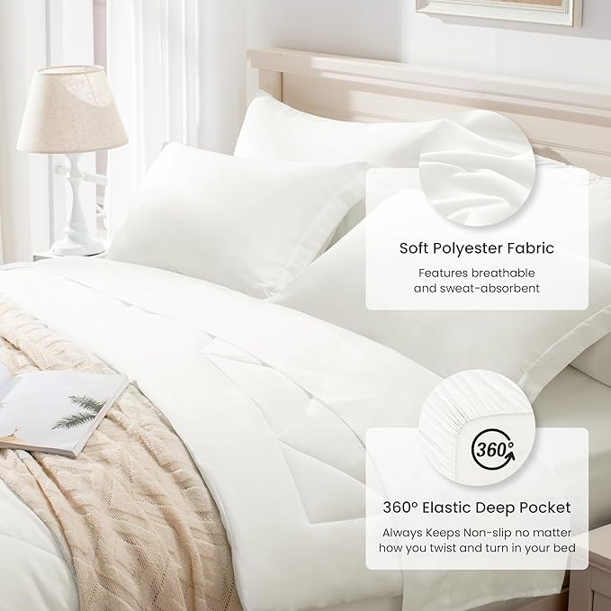 Love's cabin Full Comforter Set Ivory, 7 Pieces Full Bed in a Bag, All Season Bedding Sets with 1 Comforter, 1 Flat Sheet, 1 Fitted Sheet, 2 Pillowcase and 2 Pillow Sham