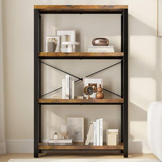 4-Tier Adjustable Heavy Duty Bookshelf, Industrial Wooden Open Storage Rack with Black Metal Frame, Vintage Bookcase with Lock Wall Design, Rustic Brown