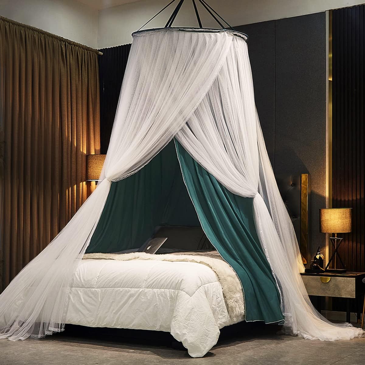 Kertnic Luxurious Bed Canopy for Girls & Adults - Double Layer Princess Canopy with Lace, Round Dome Mosquito Netting for Queen/King Bed Tent (Black) Dormly