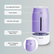 Aqua Glo Personal, Portable Humidifiers for Bedroom – Ultrasonic Cool Mist Humidifier with Built In Rechargeable Battery. Air Humidifier for Baby, Plants, Home, Office, Travel. Lavender