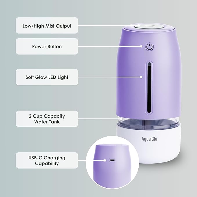 Aqua Glo Personal, Portable Humidifiers for Bedroom – Ultrasonic Cool Mist Humidifier with Built In Rechargeable Battery. Air Humidifier for Baby, Plants, Home, Office, Travel. Lavender
