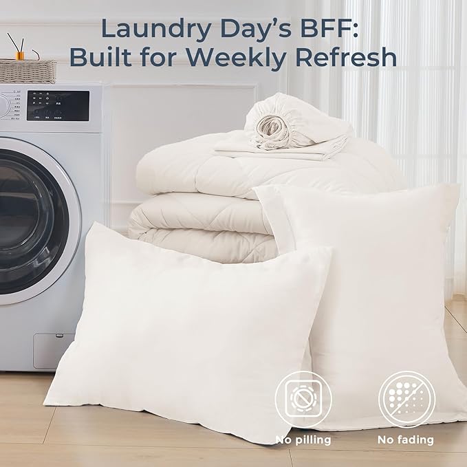 HEVUMYI Ivory Twin Comforter Set - 5-Piece All Season Bed in a Bag Twin, Ultra Soft Bedding Set with Comforter, Flat Sheet, Fitted Sheet, Pillowcases, Pillow Shams