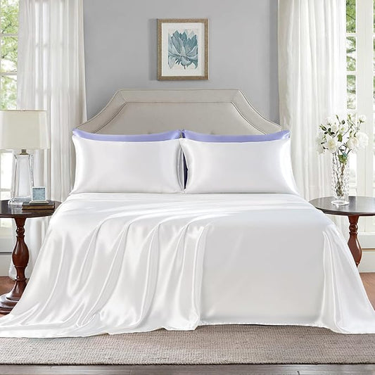 Satin Sheets King Size - 4 Pieces Luxury Silky Soft Bed Sheets, Wrinkle-Free White Satin Silk Sheet Set with 1 Deep Pocket Fitted Sheet, 1 Flat Sheet, 2 Pillow Cases