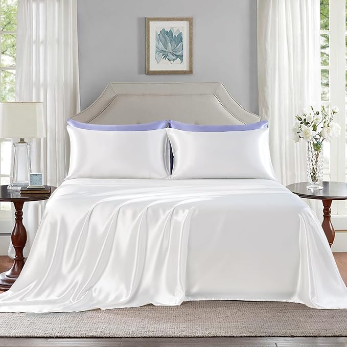Satin Sheets California King Size - 4 Pieces Luxury Silky Soft Bed Sheets, Wrinkle-Free White Satin Silk Sheet Set with 1 Deep Pocket Fitted Sheet, 1 Flat Sheet, 2 Pillow Cases
