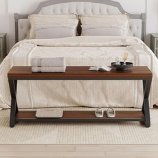 IBF Wood Entryway Bench Indoor, Industrial Wooden Metal Entry Shoe Storage Bench in Bedroom, Farmhouse Hallway Shoe Rack Bench Seating for Foyer Living Dining Room End of Bed, Walnut, 47 Inch