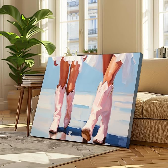 Cowgirl Boots Wall Art Pink Cowboy Boots Canvas Wall Art Western Aesthetic Canvas Prints Poster Trendy Preppy Girls Aesthetic Room Decor Picture for Apartment Bedroom Dorm 24x16in Framed