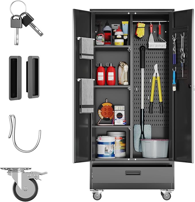 SUXXAN Broom Closet with Wheels 71"x 31.5"x15.75", Metal Cleaning Cabinets with Drawer Hooks and Hanging Rods, Lockable Cabinet with Pegboard, Adjustable Shelf,for Garage, Laundry Room